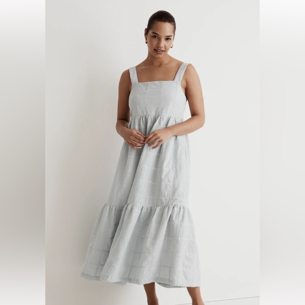 Madewell with pockets tiered midi dress patchwork blue and white
